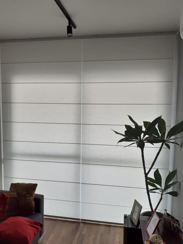 White roman shade in a living room next to a plant