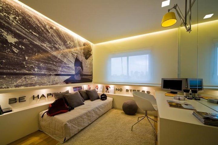 Roman shade in a teen bedroom with a graphic wall mural