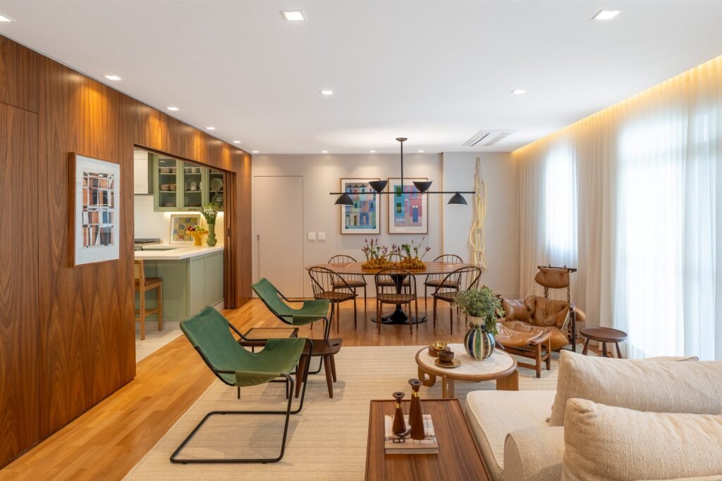 Sheer curtains in an open-plan living and dining room